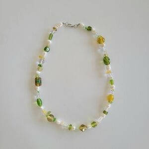 Green And Yellow Glass Bead Necklace With Freshwater Pearls